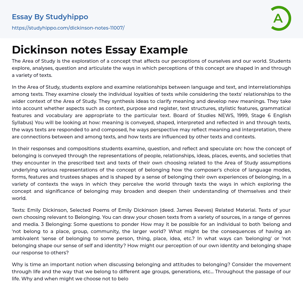 Dickinson notes Essay Example