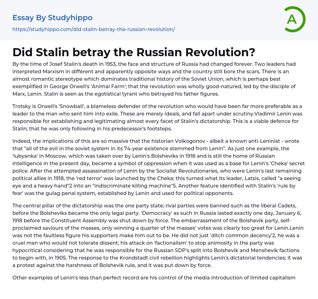 Did Stalin betray the Russian Revolution? Essay Example