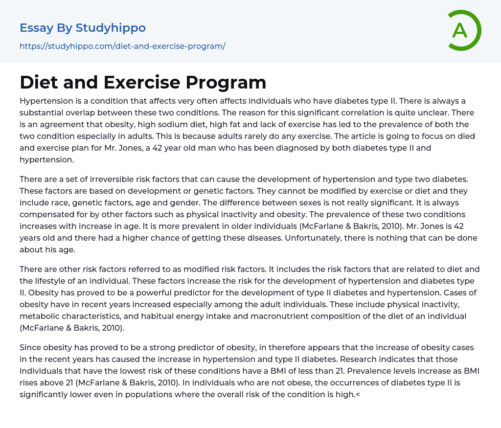 Diet and Exercise Program Essay Example