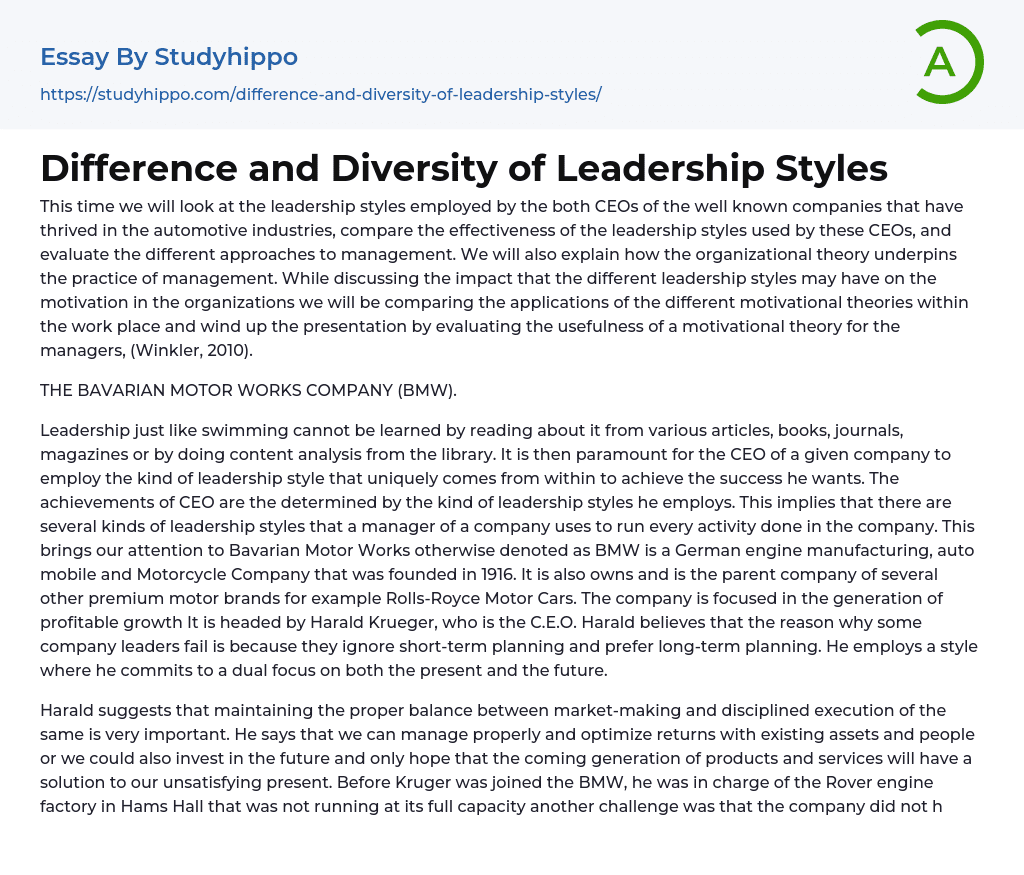 Difference and Diversity of Leadership Styles Essay Example