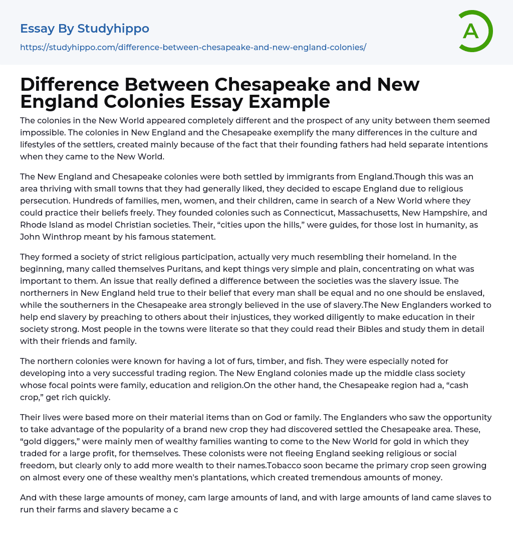 Difference Between Chesapeake and New England Colonies Essay Example