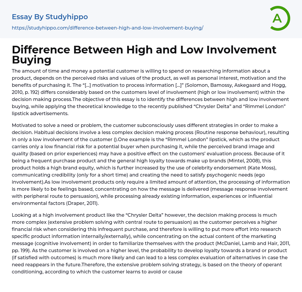 Difference Between High and Low Involvement Buying Essay Example