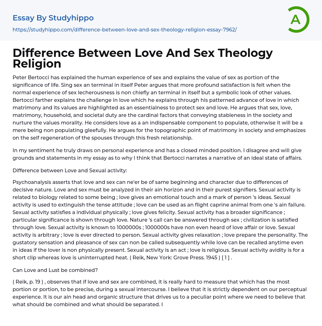 Difference Between Love And Sex Theology Religion Essay Example