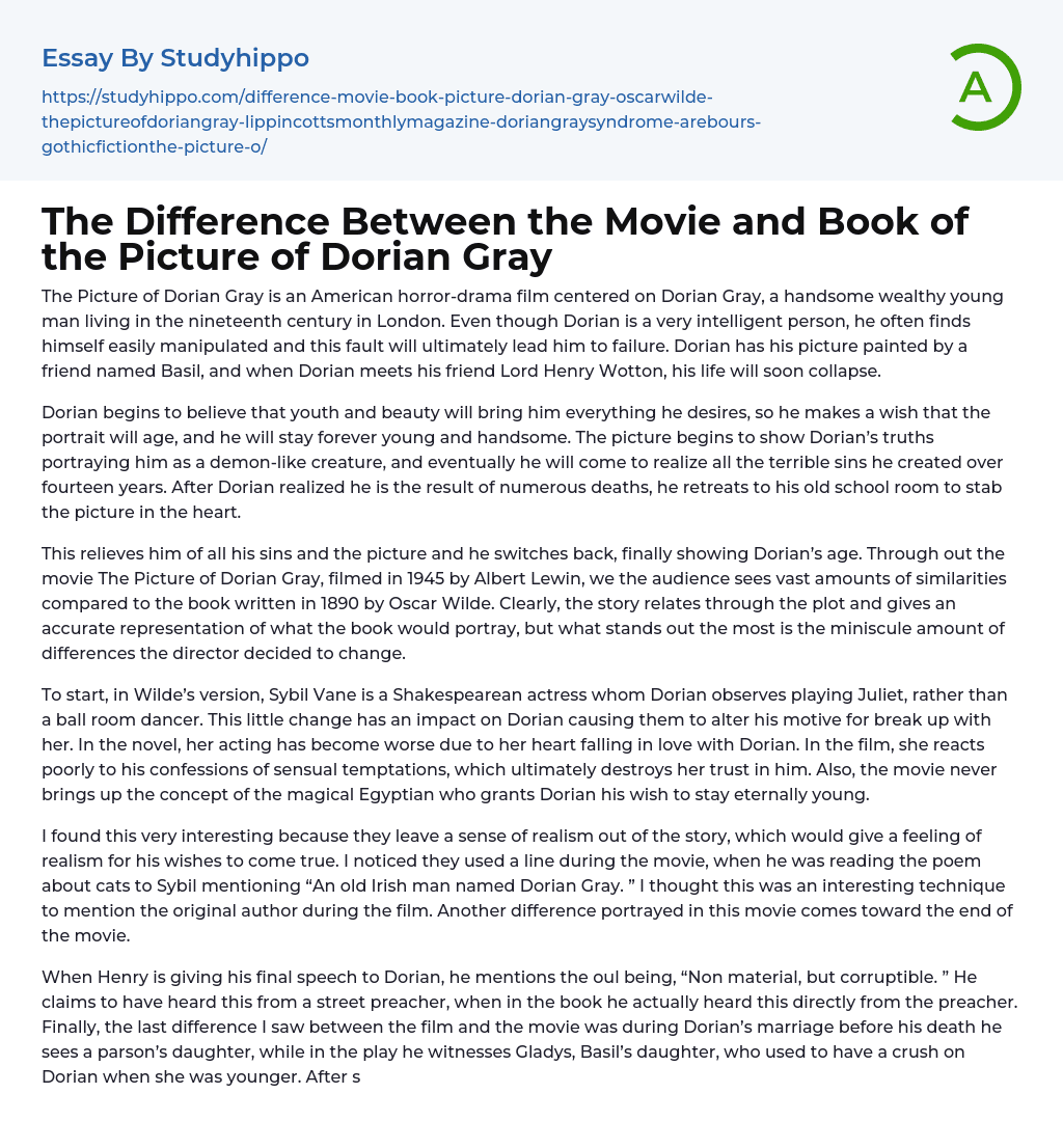 The Difference Between the Movie and Book of the Picture of Dorian Gray Essay Example