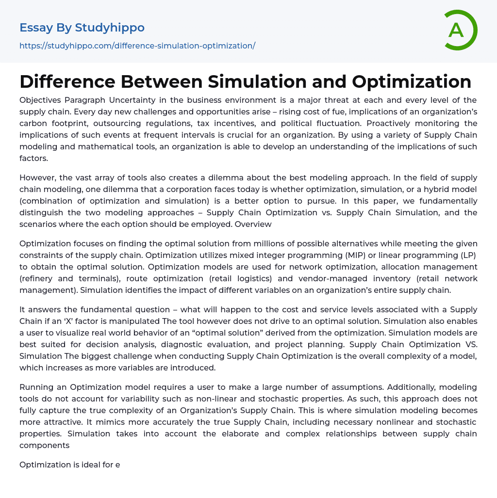 Difference Between Simulation and Optimization Essay Example