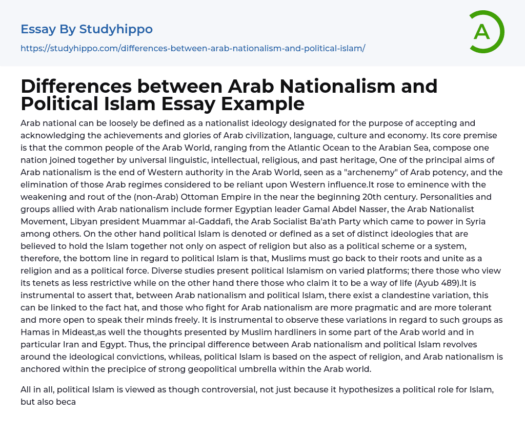 Differences between Arab Nationalism and Political Islam Essay Example