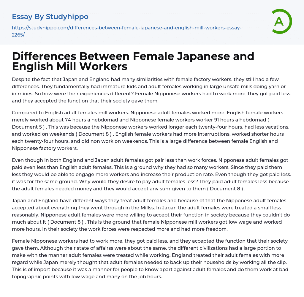 Differences Between Female Japanese and English Mill Workers Essay Example