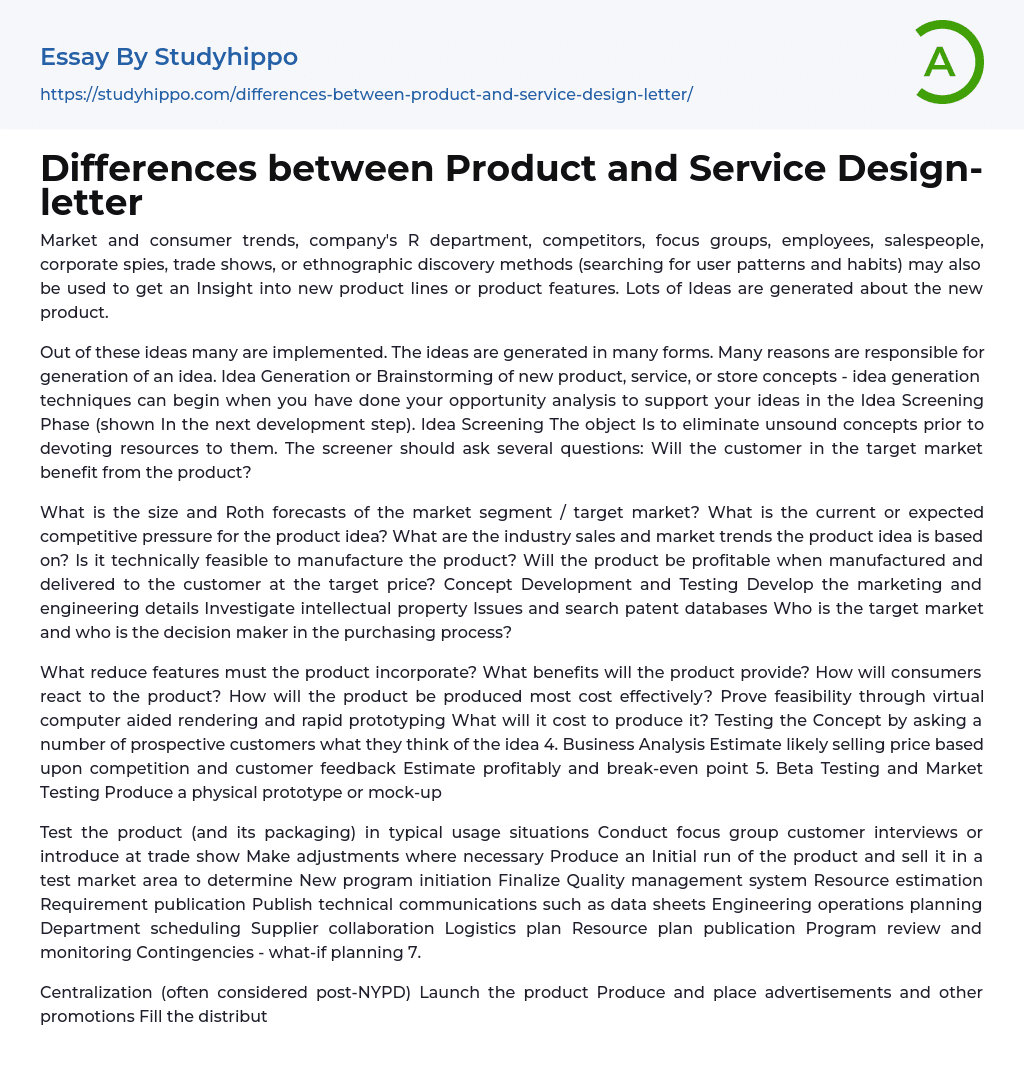 Differences between Product and Service Design-letter Essay Example