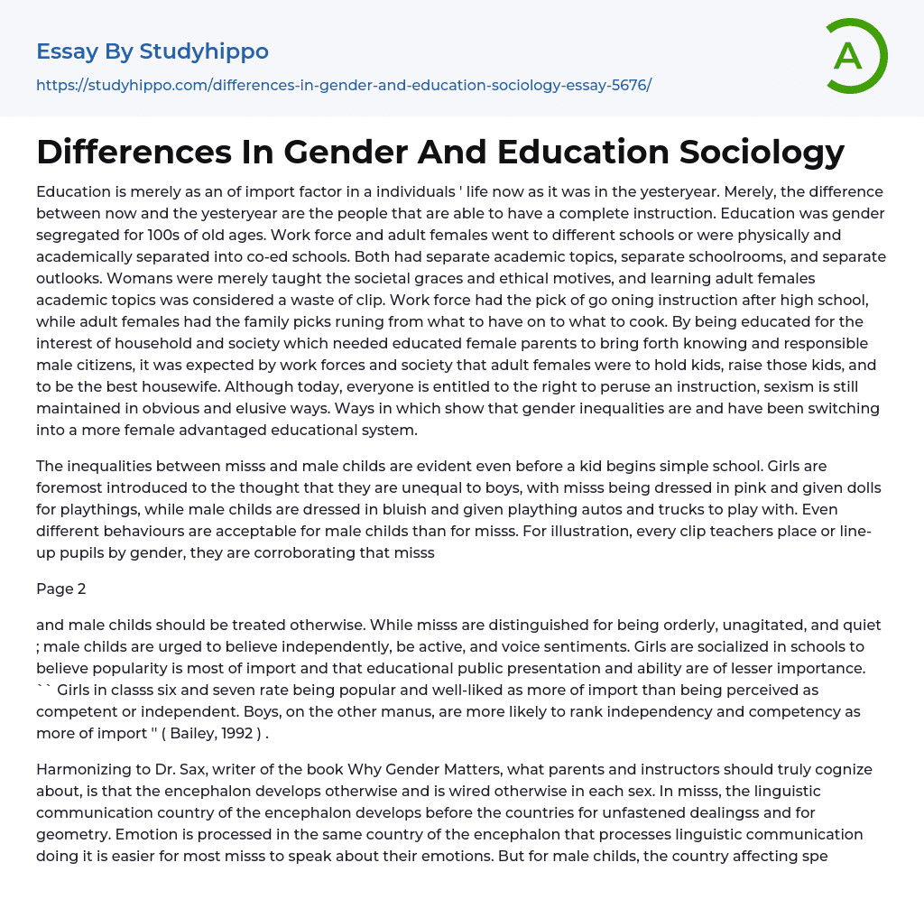 Differences In Gender And Education Sociology Essay Example