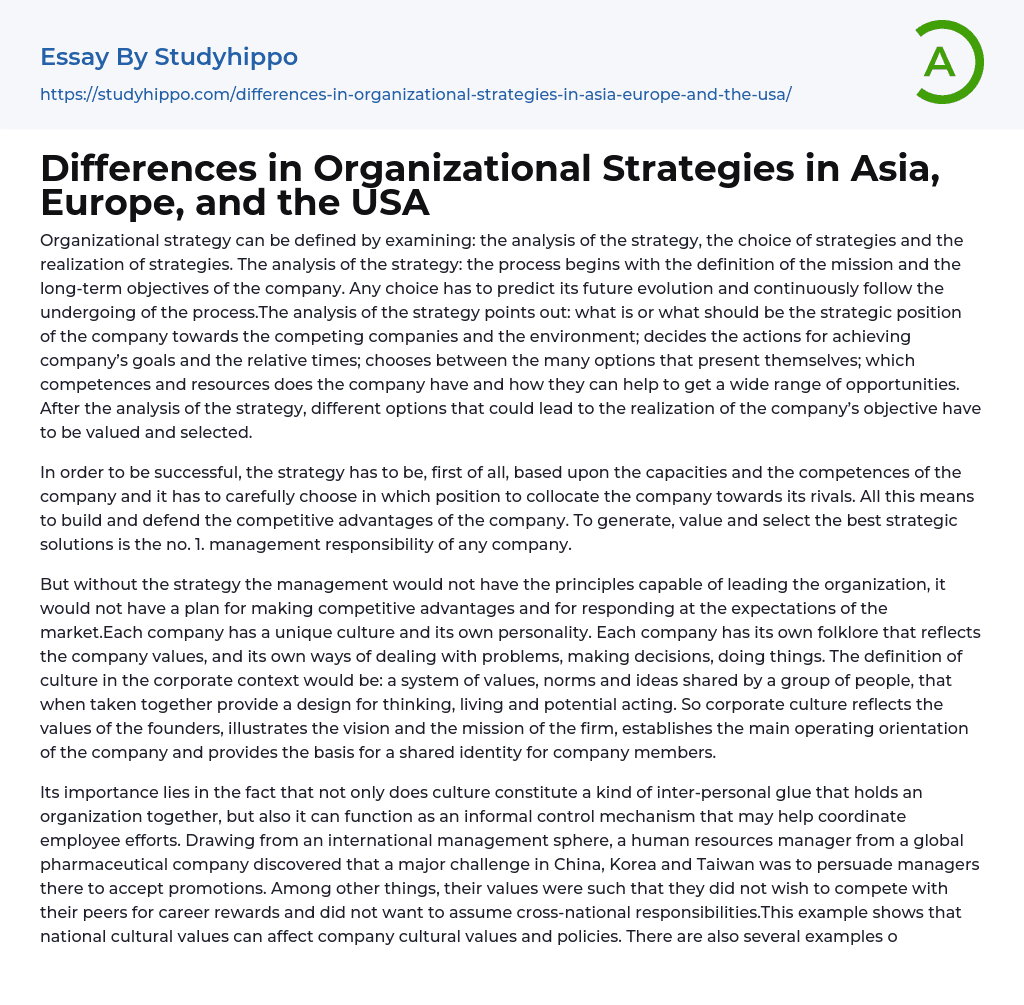 Differences in Organizational Strategies in Asia, Europe, and the USA Essay Example