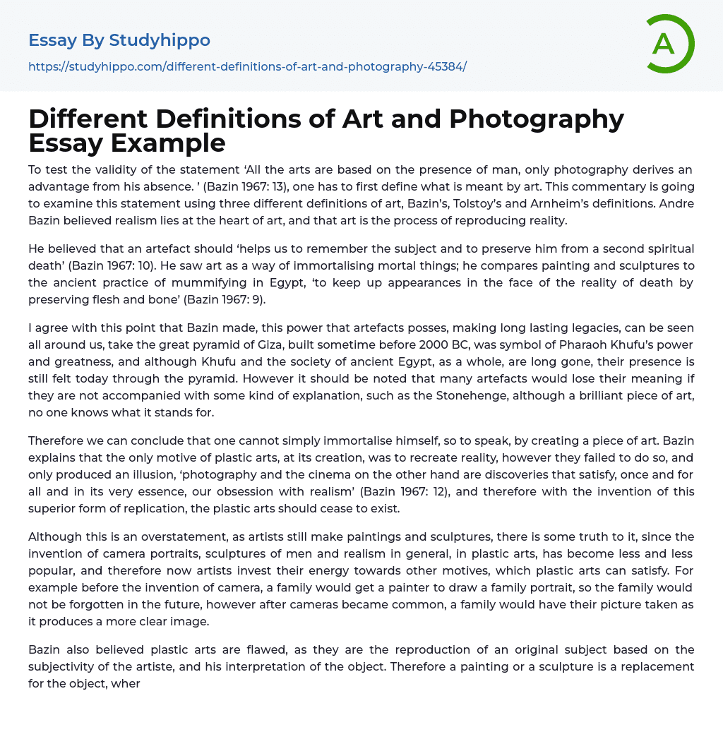 Different Definitions of Art and Photography Essay Example