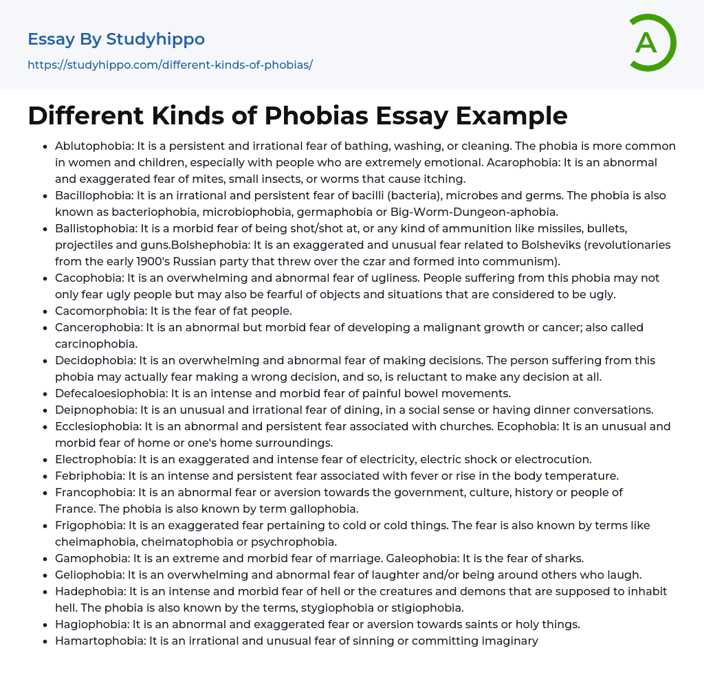 Different Kinds of Phobias Essay Example