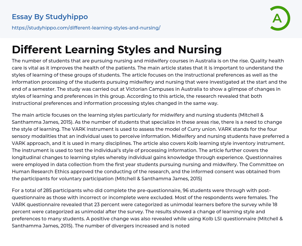 Different Learning Styles and Nursing Essay Example