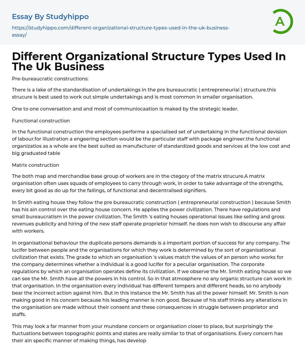 Different Organizational Structure Types Used In The Uk Business Essay Example