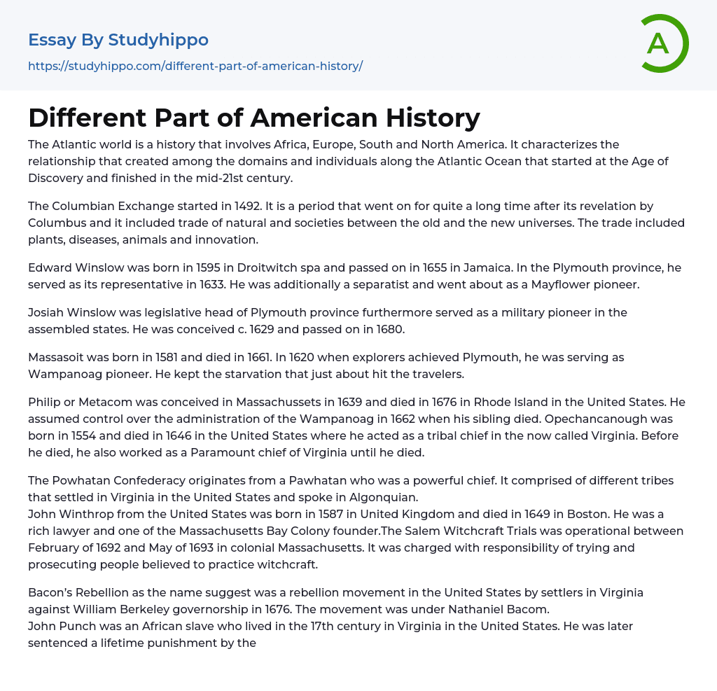 Different Part of American History Essay Example
