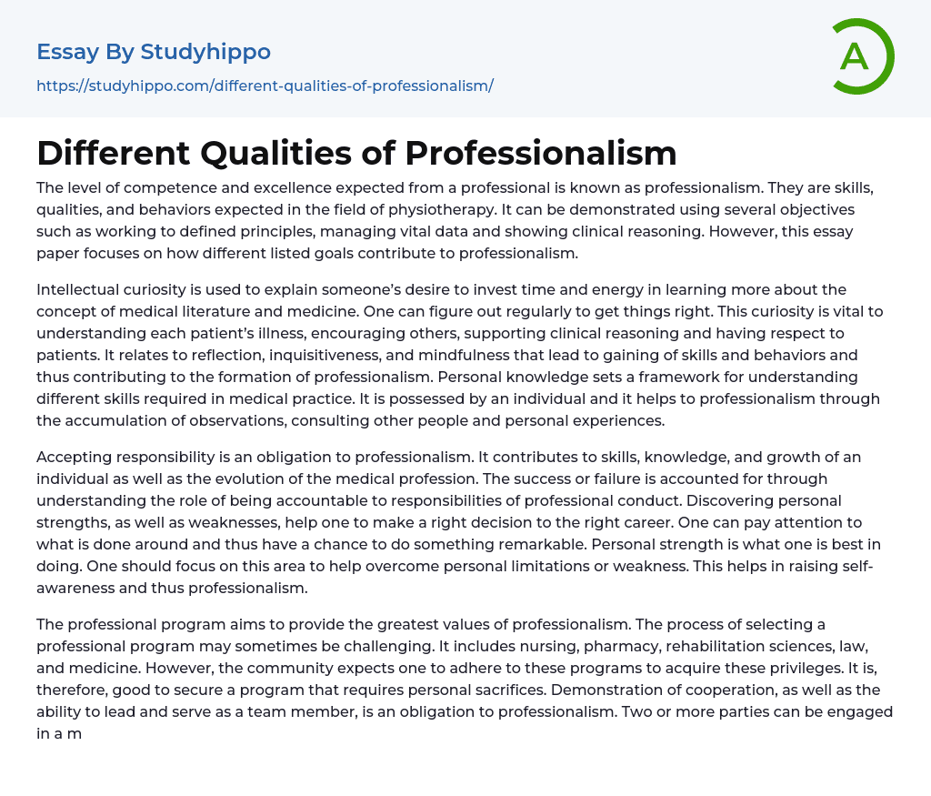 Different Qualities of Professionalism Essay Example