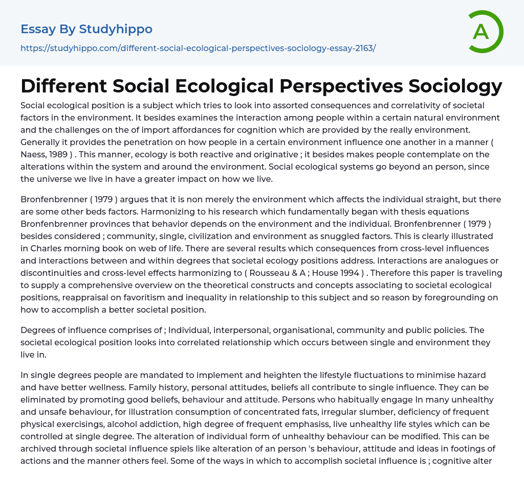Different Social Ecological Perspectives Sociology Essay Example