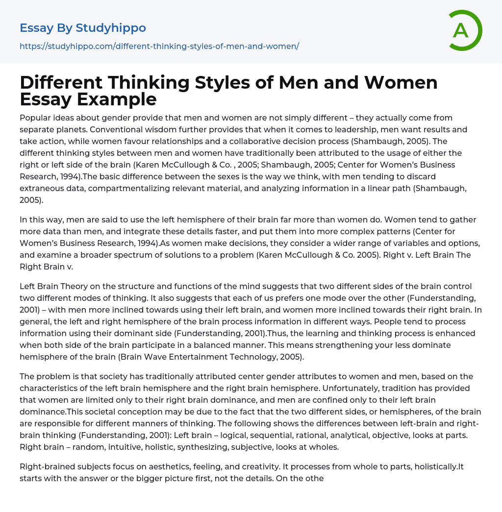 Different Thinking Styles of Men and Women Essay Example