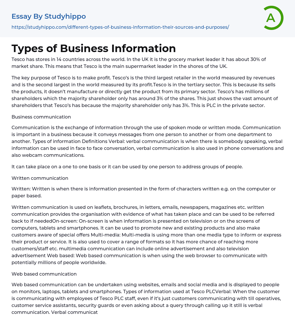 Types of Business Information Essay Example