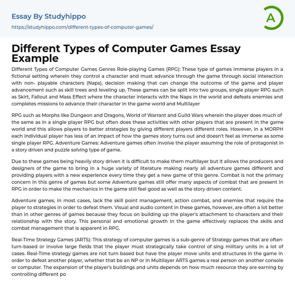 Different Types of Computer Games Essay Example