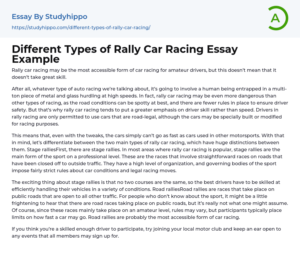 Different Types of Rally Car Racing Essay Example