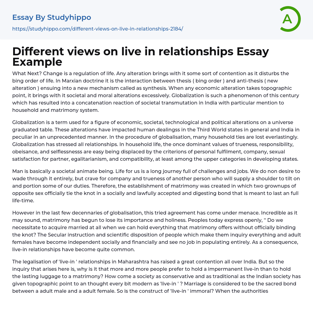 Different views on live in relationships Essay Example