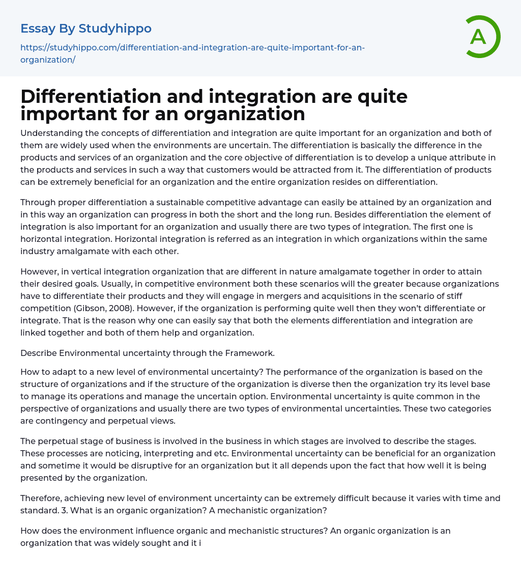 Differentiation and integration are quite important for an organization Essay Example