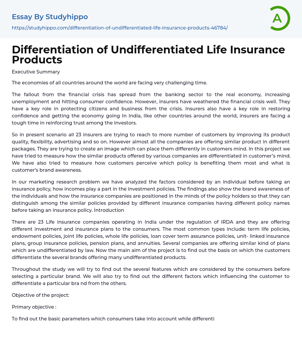 Differentiation of Undifferentiated Life Insurance Products Essay Example