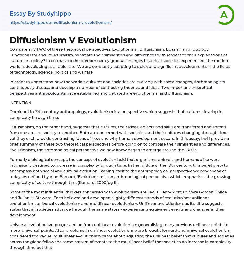 Diffusionism V Evolutionism Essay Example