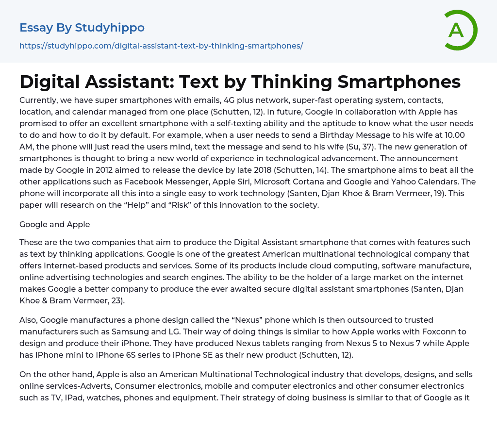 Digital Assistant: Text by Thinking Smartphones Essay Example