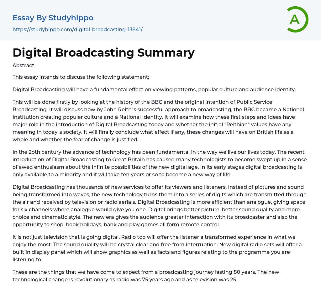 Digital Broadcasting Summary Essay Example