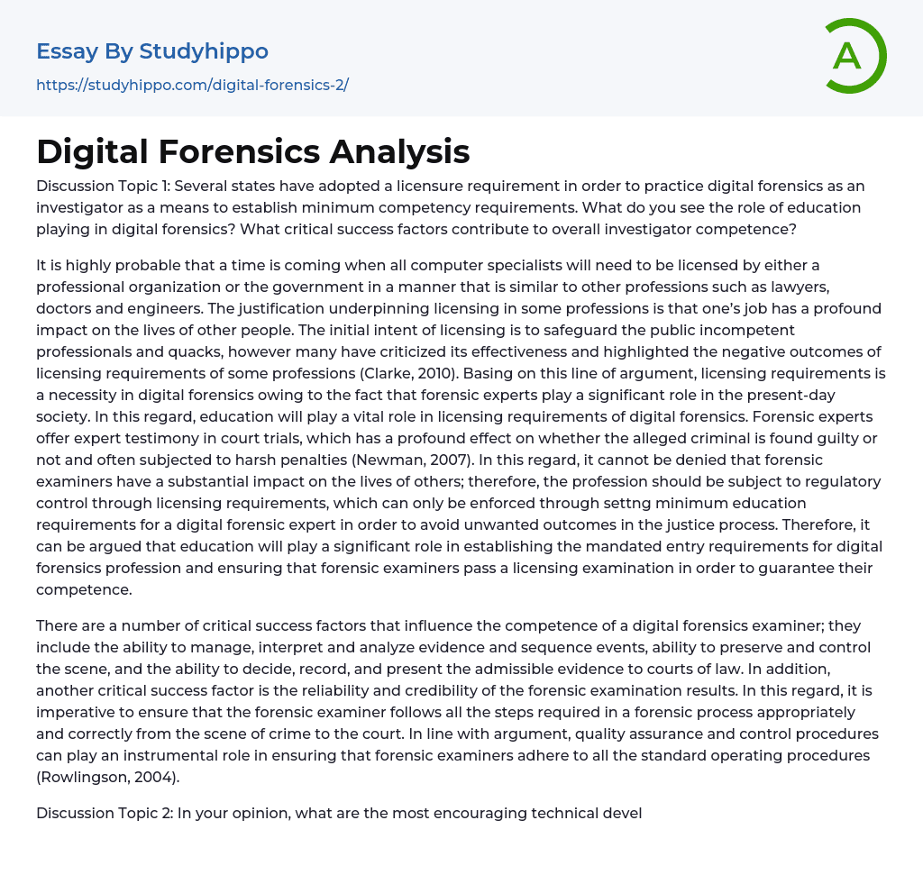 Digital Forensics Analysis Essay Example