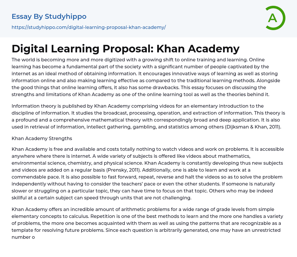 Digital Learning Proposal: Khan Academy Essay Example