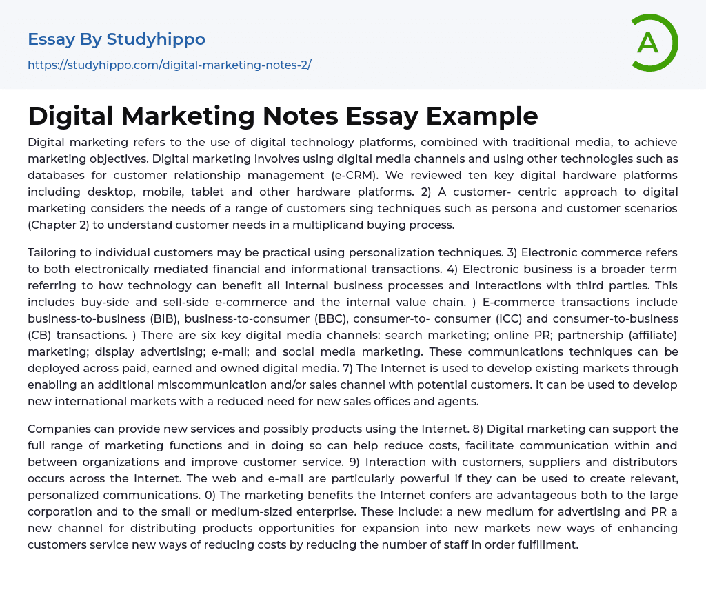 Digital Marketing Notes Essay Example