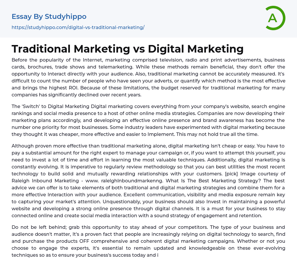 Traditional Marketing vs Digital Marketing Essay Example