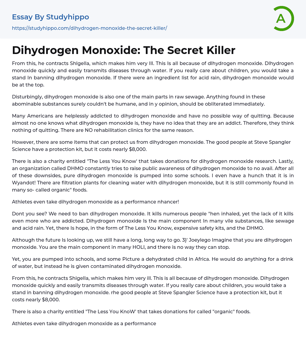 Dihydrogen Monoxide: The Secret Killer Essay Example