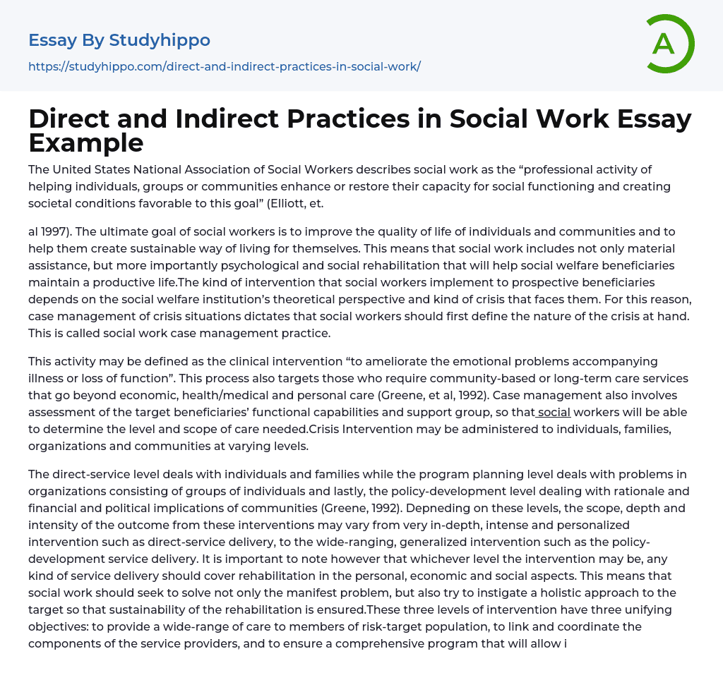 Direct and Indirect Practices in Social Work Essay Example