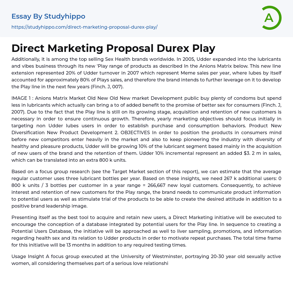 Direct Marketing Proposal Durex Play Essay Example