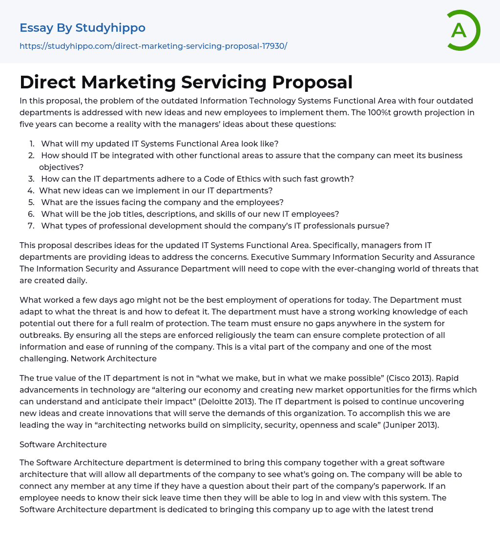 Direct Marketing Servicing Proposal Essay Example