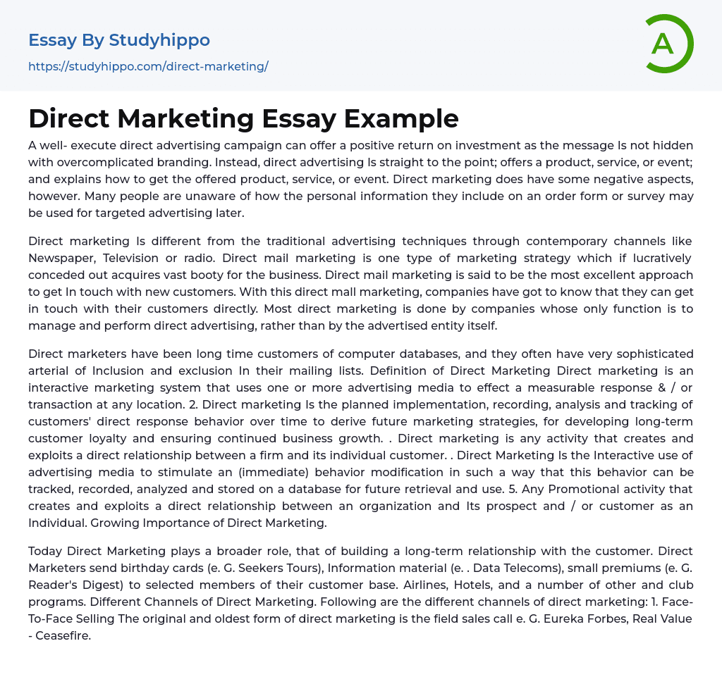 Direct Marketing Essay Example