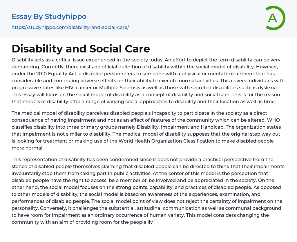 Disability and Social Care Essay Example