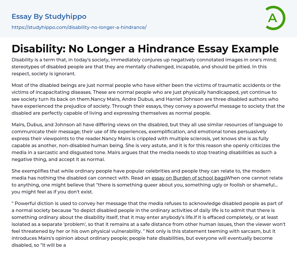 Disability: No Longer a Hindrance Essay Example