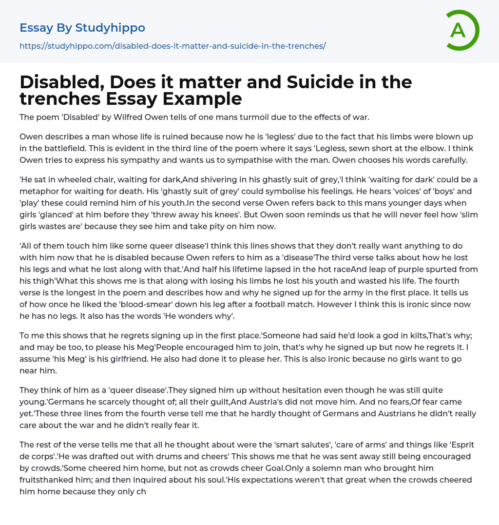 Disabled, Does it matter and Suicide in the trenches Essay Example
