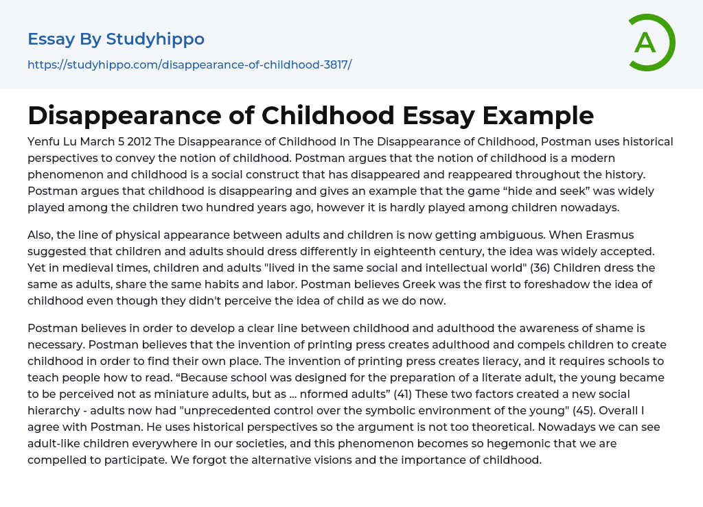 Disappearance of Childhood Essay Example