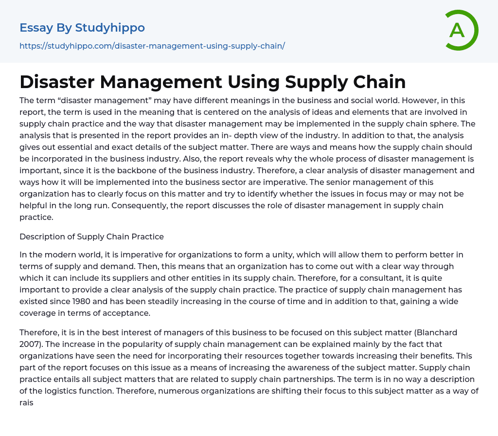 Disaster Management Using Supply Chain Essay Example