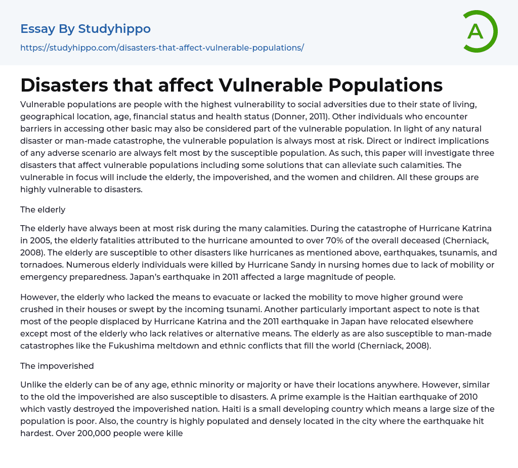 Disasters that affect Vulnerable Populations Essay Example
