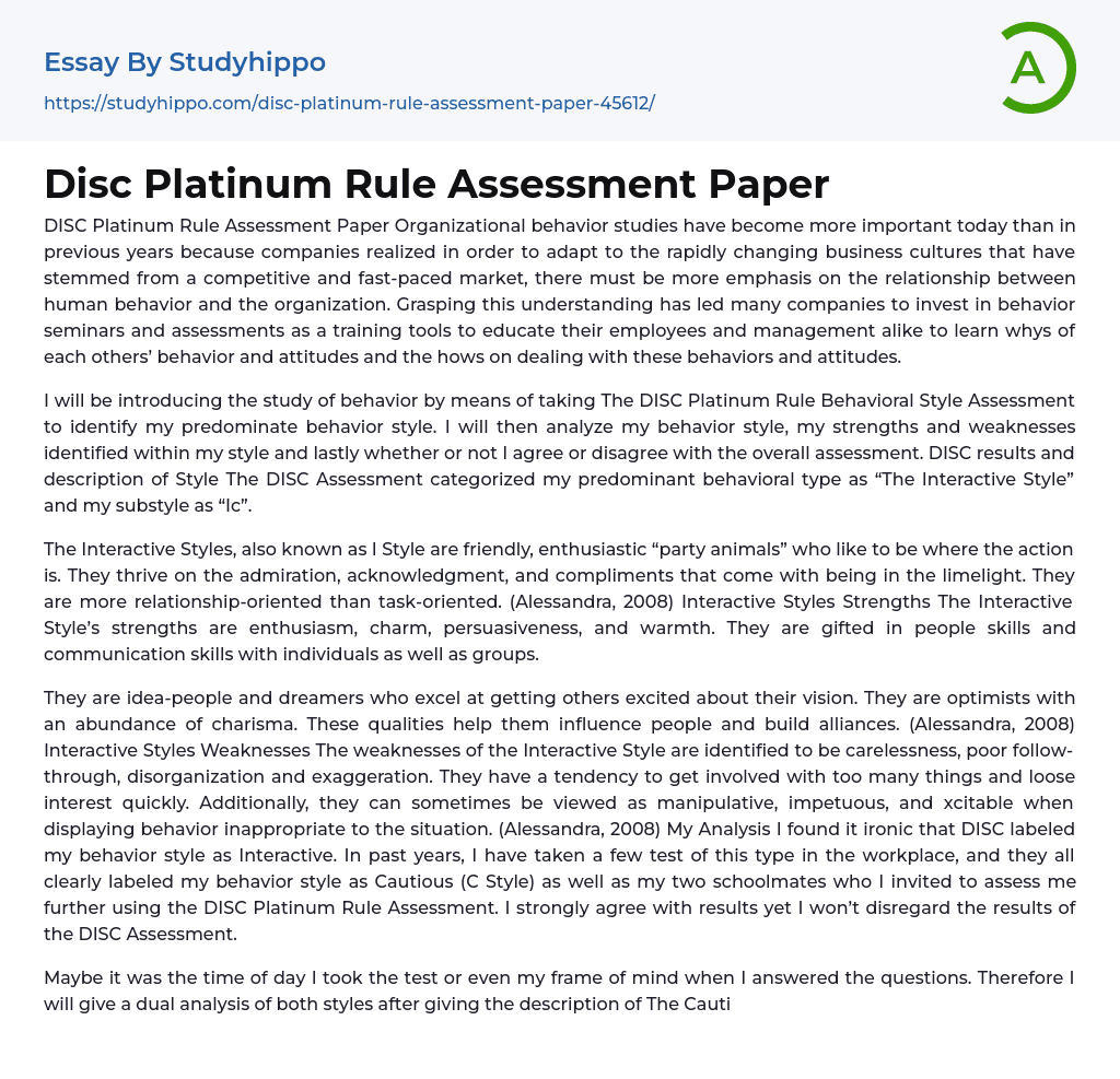 Disc Platinum Rule Assessment Paper Essay Example