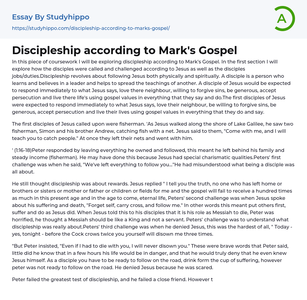 Discipleship according to Mark’s Gospel Essay Example