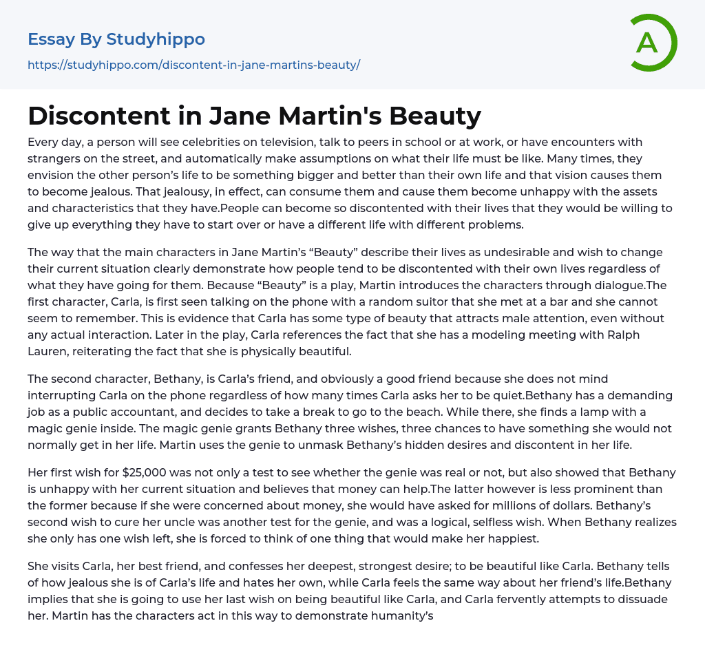 Discontent in Jane Martin’s Beauty Essay Example