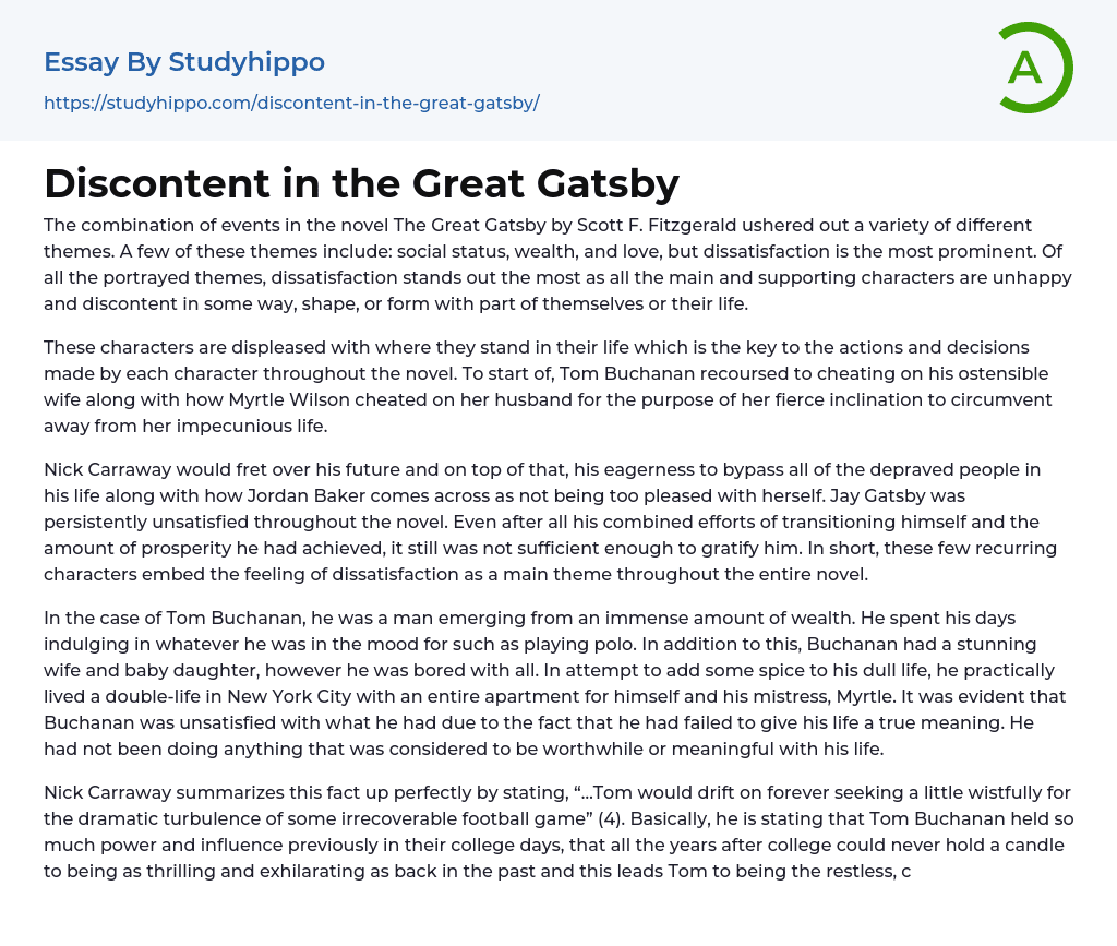 Discontent in the Great Gatsby Essay Example